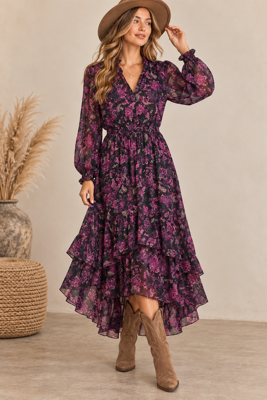 1.State Floral Flowy Midi Ankle Length Long Sleeve V-Neck Boho Cottage Dress 2X